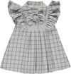 Gray dress with plaid and bow near the collar