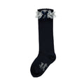 Navy blue socks with white lace and blue velvet bow
