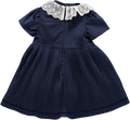 Pleated navy blue velvet dress with lace frill collar
