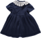 Pleated navy blue velvet dress with lace frill collar