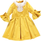 Vestido veludo amarelo com gola e carcela rendadas