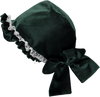 Touca de veludo verde com renda folhada e laço