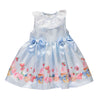 Blue dress with colorful pattern and bows