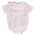 Pink bodysuit for baby girl with floral embroidery and lace