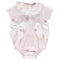 Pink baby girl bodysuit with lace and white bows