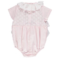 Pink baby girl bodysuit with lace and white bows