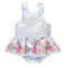 Blue strappy bodysuit with colorful pattern, frills and bow