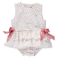 Red floral print bodysuit with white bows and ruffles