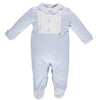 Organic blue babygrow with white shirt-style chest and collar