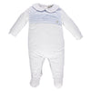 White babygrow with blue ribbed breast