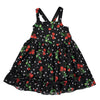 Black strapless dress with red cherries pattern