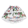 High and low white skirt with floral pattern and ruffles