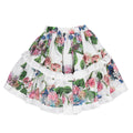 High and low white skirt with floral pattern and ruffles