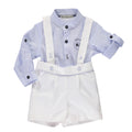 Conjunto de menino com camisa azul e calções com alças brancos